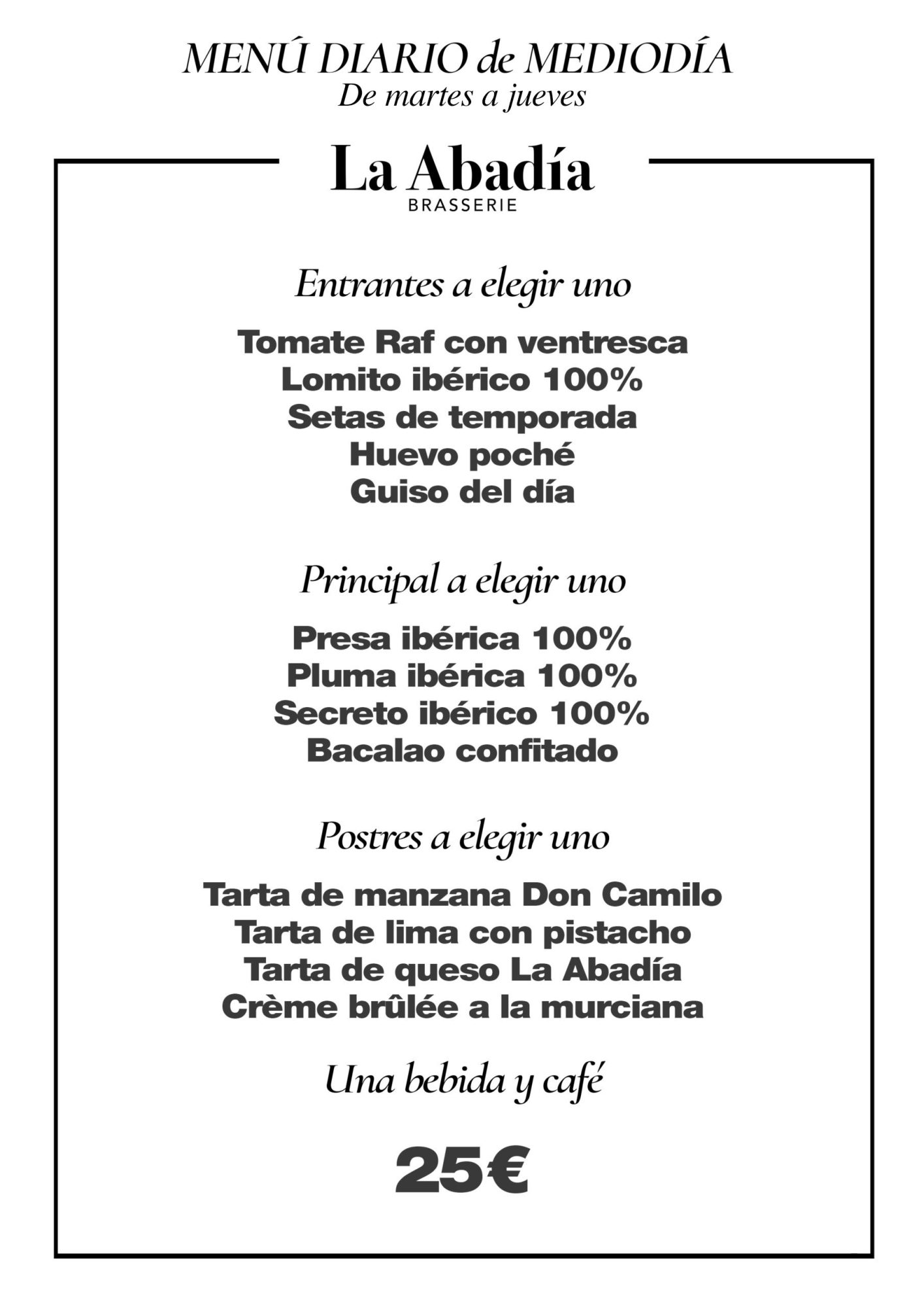 Menú diario del restaurante de carne a la brasa en Murcia